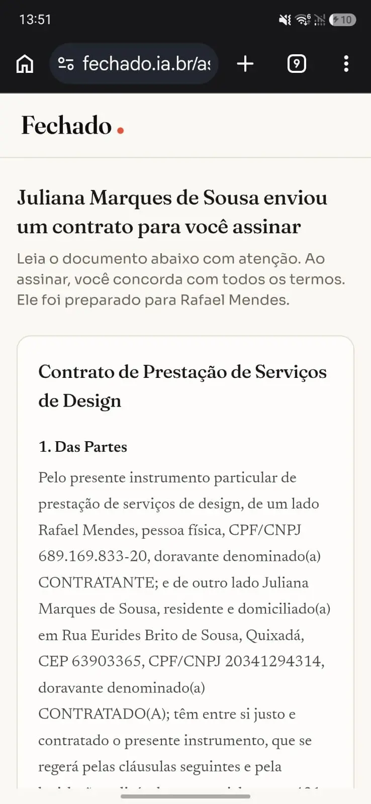 Cliente recebe o link do contrato por WhatsApp