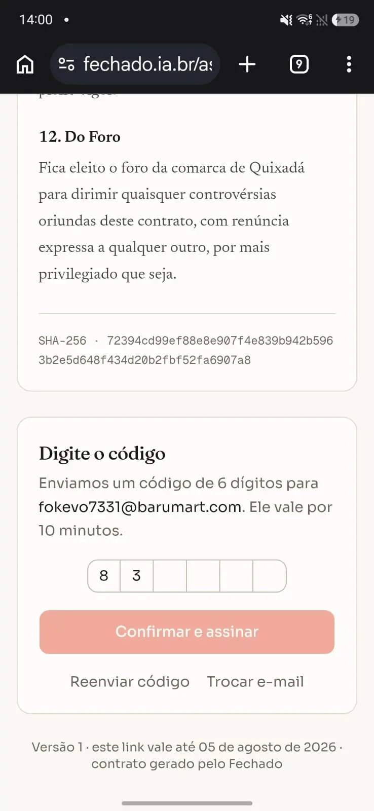 Campo de código de seis dígitos preenchido pelo cliente