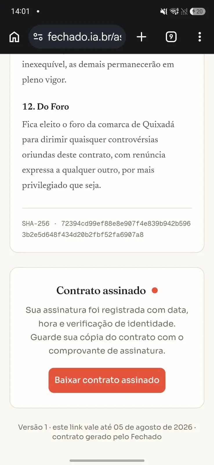 Confirmação de aceite exibida na tela do celular