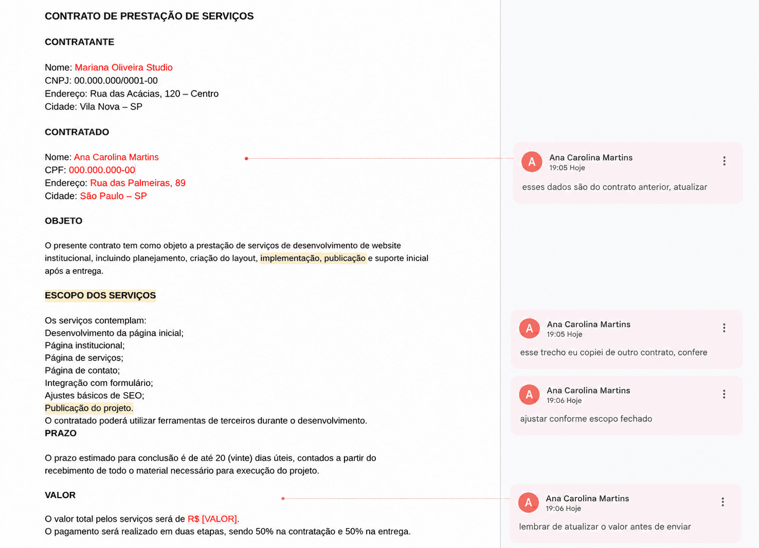 Documento de contrato meio montado no Google Docs, com comentário lateral aberto, trecho destacado em amarelo e o título 'contrato modelo (2) FINAL v3'